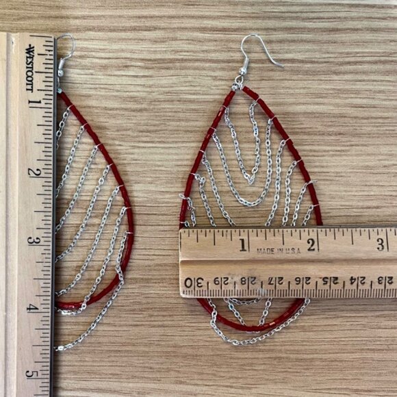 Red Beaded Teardrop Hoop Earrings with Silver Chains Boho Handmade Jewelry 3.5" - Picture 3 of 6